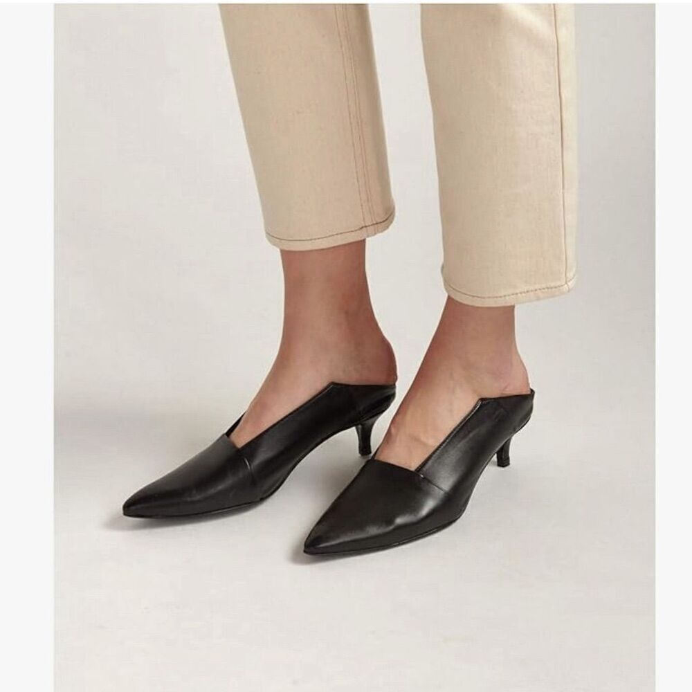 Thakoon Women's Black Leather Pointed Toe Pumps Kitten Heels - Picture 2 of 6